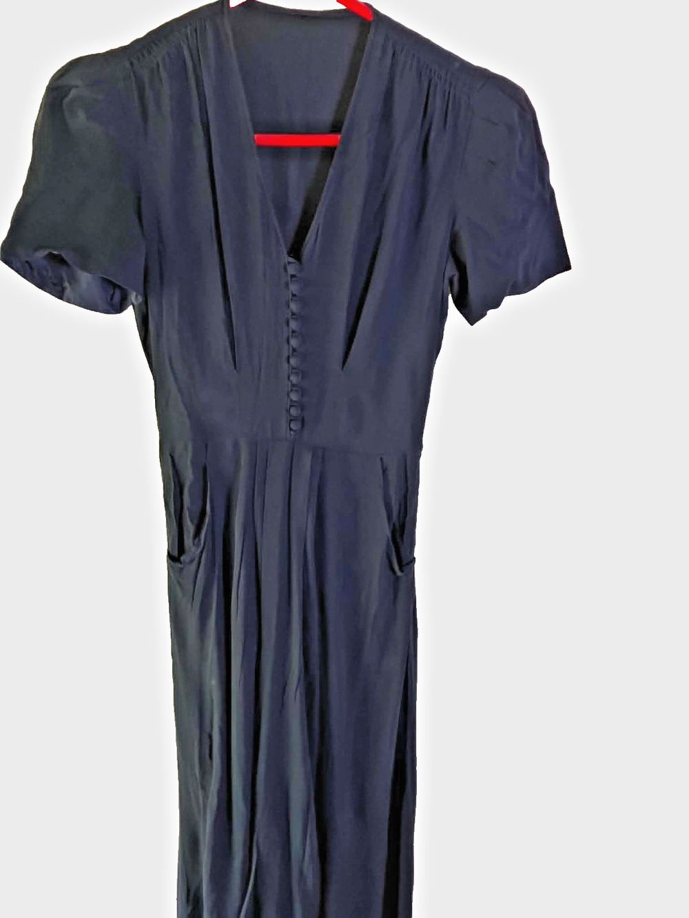 1950s Tailored Black/Navy Button Front Dress XSmall POCKETS